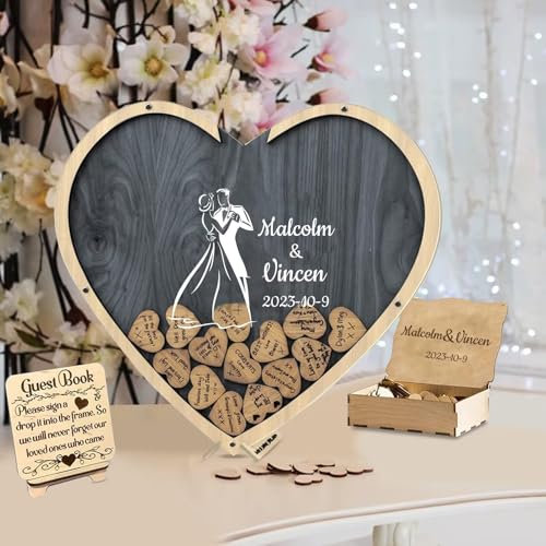 Personalisiertes Hochzeitsgästebuch,Individuelle Namen und Datum Gästebuch,Hochzeit Kreative Dekoration,Kreatives Gästebuch in Herzform aus Holz Fotorahmen
