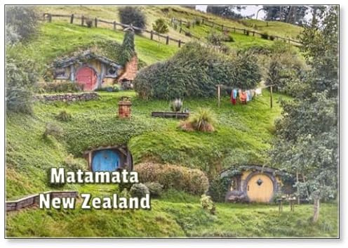 MATAMATA, NEW ZEALAND - CIRCA 2016: Movie Set for The Lord of The Rings and The Hobbit. Hobbit Holes in The Hillside of The Shire, Circular Doors, Fridge Magnet