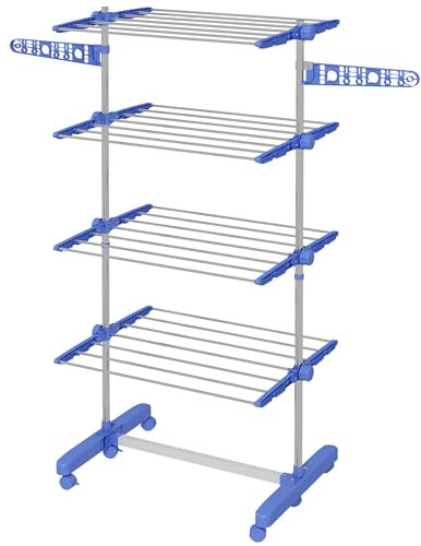 HOMCOM 4-Tier Clothes Airer, Stainless Steel Foldable Clothes Drying Rack with Wheels and Wings, Indoor and Outdoor, Easy Assembly, 142 x 55 x 172cm, Blue