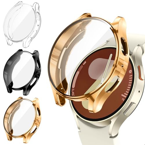 [3Stück] Kamita Hülle Kompatibel mit Samsung Galaxy Watch 7 40mm Schutzhülle, Weich TPU Bumper Case mit Displayschutzfolie, Stoßfest Volle Abdeckung Schutz Hüllen für Galaxy Watch7 (Klar+Schwar+Gold)