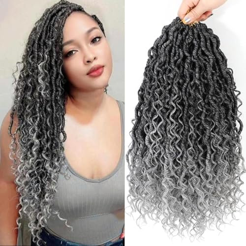 PORSMEER 6 paquets 45cm Noir/Gris de cheveux au crochet Faux Locs,cheveux de tressage Synthétiques pré-bouclés Doux Dreadlocks Tressage Cheveux Déesse Ondulés Extensions de Cheveux 12 brins/paquet
