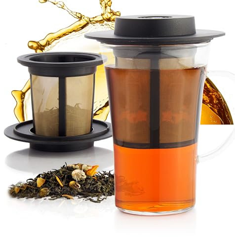 finum BISTRO SYSTEM, Borosilikat Teeglas mit Filterkorb, Edelstahlgewebe, schwarzer Deckel, 180 ml (12)