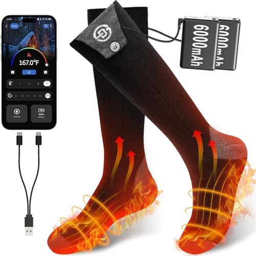 Youtelit Beheizbare Socken mit APP-Steuerung 6000mAh Fußwärmer Warme Socken Damen Herren Waschbare 4 Temperatur Wiederaufladbare Heizsocken für Skifahren, Radfahren, Angeln, Camping, Wandern