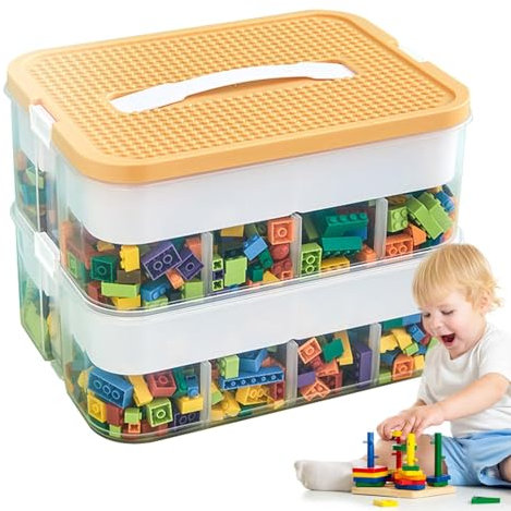 Contenedores de almacenamiento de bloques de construcción de 2 capas | Contenedores de juguetes con diseño de compartimentos | Contenedores versátiles | Caja de juguetes con tapa con placa de b