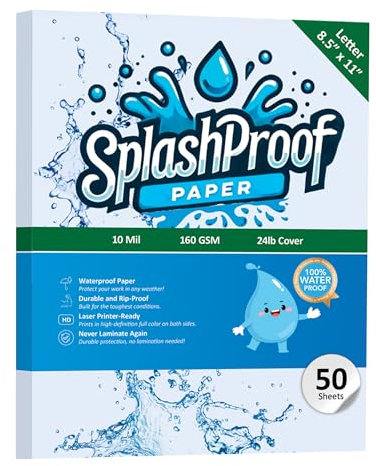 SplashProof Wasserfestes Kopierpapier für Laserdrucker und Kopiermaschinen, 50 Blatt, 21,6 x 27,9 cm, 10 mm, reißfeste Drucke in voller Farbe auf beiden Seiten