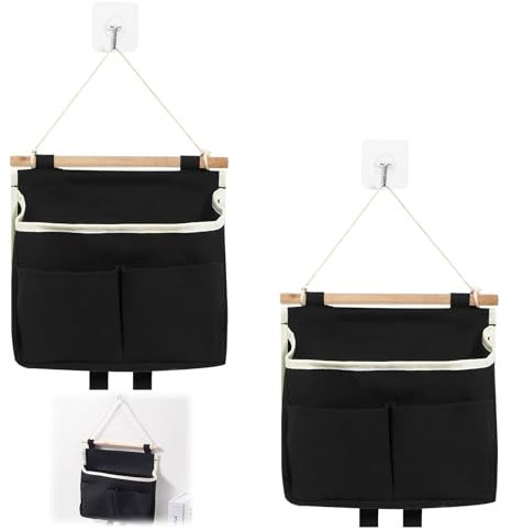 Organizador Colgante, 2 Pcs Bolsa De Alamcenamiento Colgante Pared en Tela de Algodón y Lino, con 3 Bolsillos y 2 Ganchos Adhesivos, Ideal para Cocina, Baño, Oficina y Dormitorio - Color Negro