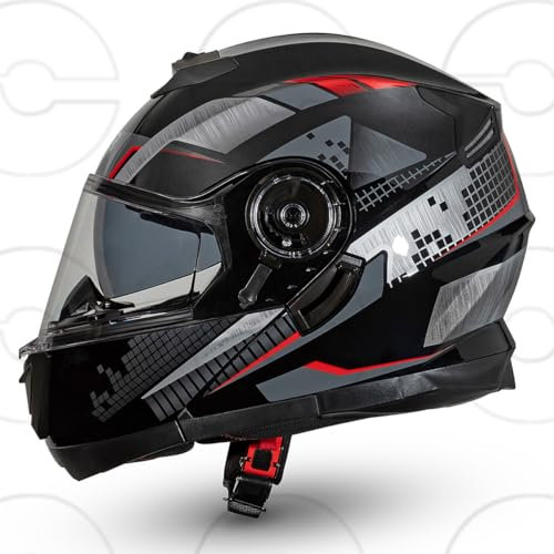 CRUIZER Casco Moto Scooter Modulare Nero Grigio Rosso Lucido Doppia Visiera (XL)