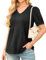 GRECERELLE Ladies Tops V Neck Puff Short Sleeve T Shirt for Women Summer Tunic Tops Womens Casual Pleated Solid Blouses Tee (Black, L)