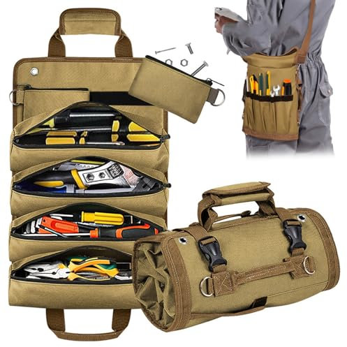 Tool Roll Bag, Roll Up Small Tools Box Storage,Heavy Duty Oxford Cloth Tool Organizer with 4 Zipper Pockets,2 Detachable Pouches, Tool Gifts for Men Dad Grandpa Husband Birthday Gifts for Father's Day