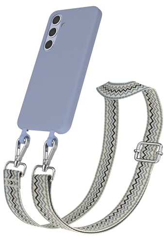 EAZY CASE - Hülle mit Band kompatibel mit Galaxy S24 Handyhülle für Galaxy S24 Schutzhülle Silikonhülle mit Mikrofaser Handykette zum Umhängen 2in1 Hülle Handykordel Wellen - Beige Blau Metall Silber