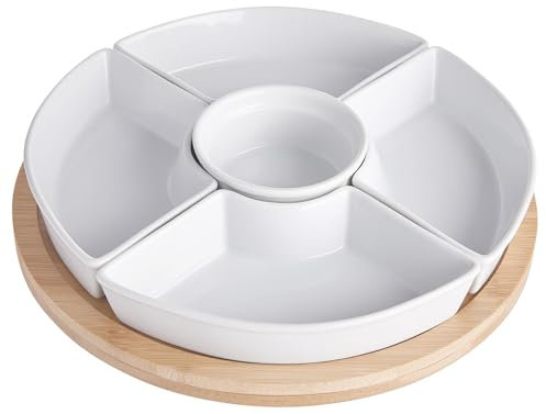BUTLERS 4 Sets Snackschalen (5 tlg. pro Set) Porzellan Dipschalen mit Teller aus Bambus Ø26cm -APPETIZER- Servierschalen Set für Snacks, Fingerfood, Obst | Snackteller mit Fächern