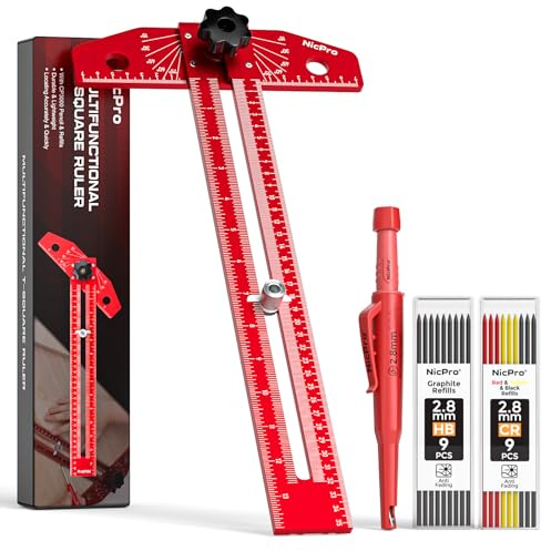 Nicpro Woodworking Scriber T Ruler with Pencil, Aluminum Alloy T Square | Adjustable Multi-Angle Slide T Square Rule 18 inch, Precision Calecombination Square for Woodworking, Carpentry & Engineers