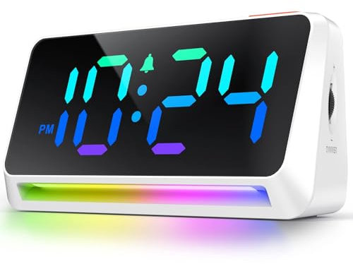 LED Digital Alarm Clock with RGB Display, Super Loud Alarm (95dB) for Heavy Sleepers, Plug-In Bedside Clock with Night Light, USB Charger & Adjustable Brightness, Perfect for Adults, Teens & Kids