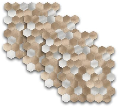 Selbstklebende Mosaikfliesen Hexagon 29x29cm – 10 Stück – PVC Aluminium Fliesenaufkleber – Küchenrückwand Wandfliesen Bad Küche – Wasserdicht, Modern, 3D Optik (Kupfer-Silber)