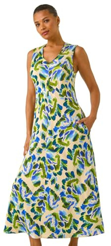 Roman Originals Abstract Print Sleeveless Midi Dress for Women UK - Ladies Everyday Holiday Spring Summer V-Neckline Comfy Soft Evening Vacation Work Party - Blue - Size 10