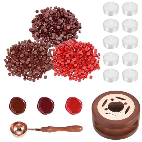 PATIKIL Wax Seal Kit, 300 Pcs Wax Sealing Beads, Wooden Warmer, Melted Spoon, 10 Pcs Tealight Candles for Envelope Letter Mailing Crafts DIY, Brown Red/Burgundy/Red