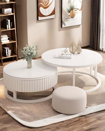 HRXQ Couchtisch Rund Weiss 2er Set Coffee Table Couchtisch Modern Living Room Table Mit Stauraum, Stabilem Metallgestell 50+70cm Satztische Für Wohnzimmer Schlafzimmer Weiß ﻿ ﻿