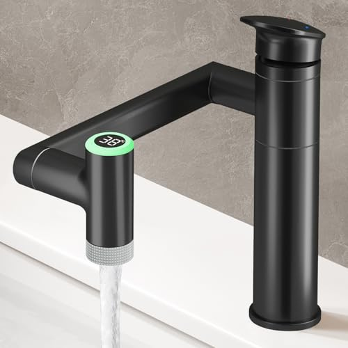 JONKEAN Mattschwarz Wasserhahn Bad mit Temperaturanzeige(Batterielos)