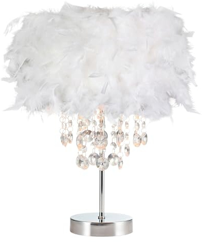 Happy Homewares Modern and Chic Real White Feather Chandelier Style Table Lamp with Waterfall Clear Acrylic Drops | Chrome Metal Base and Stem