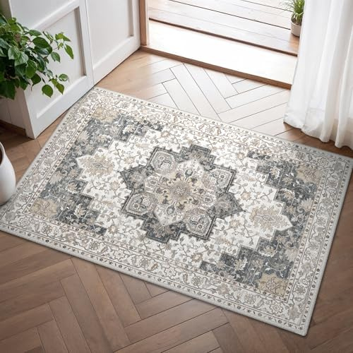 GENIMO Vintage Fußmatte Beige Grau Teppich 60x90cm Waschbar & rutschfest | Waschbarer Teppich Weich Rutschfest Kurzflor im Retro für Eingangsbereich Badezimmer Schlafzimmer Kleiner Carpet