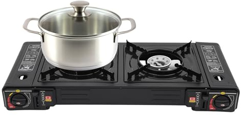 Fyssnn Réchaud à gaz 2 brûleurs, réchaud de camping avec plaque de cuisson et mallette de transport et grilles amovibles, 2500 W, cuisinière à gaz portable avec allumage piézoélectrique, pour