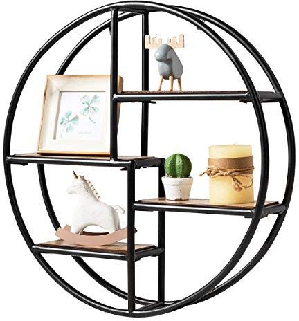 FANTASK Rund Wandregal mit 4 Böden, Schweberegal aus Holz & Metall, Bücherregal Industriestil für Schlafzimmer, Wohnzimmer, Küche & Büro, 55 x 55 x 11 cm, Schwarz + Braun