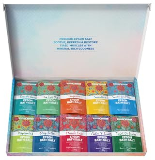Scented Epsom Bath Salts Gift Set – 10 x 35g Sachets | Assorted Fragrances with Essential Oils | Relaxing Bath & Foot Soak | Natural Magnesium Sulphate for Stress Relief, Sleep & Muscle Recovery