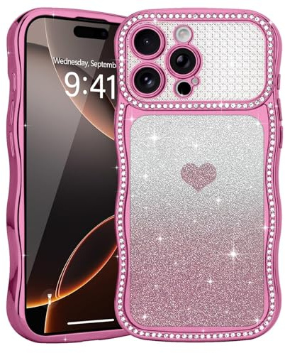 Teageo for iPhone 16 Pro Max Glitter Case, Cute Heart Wave Frame, Rose red | for Women Girls, Wave Curly Bumper, Sparkle Rhinestone Diamonds, Shockproof Cute Bling Cover