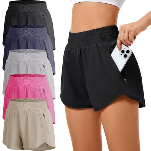 miijoory 5er Pack Sporthose Damen Kurz mit Reißverschlusstasche | Schnell Trocknend,Leichtes,Atmungsaktives,Sommer Sport Shorts,Kurze Hose Damen Laufhose Trainingshose Laufshorts für Yoga Gym