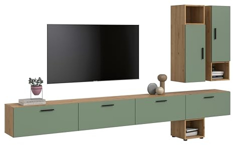 xonox.home – Wohnkombination The One 300x178x34 cm in Artisan Oak und Smoke Green – Massive Wohnwand mit 2 Türen & 4 Klappen – 15 Fächer schaffen viel Stauraum mit natürlicher Ausstrahlung