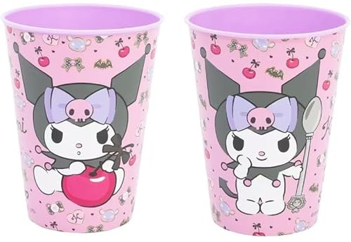 Hello Kitty Set 2 Bicchieri in plastica 260ml Tifoso Senza BPA/Regalo per Ragazzi Prodotto Ufficiale KUROMI