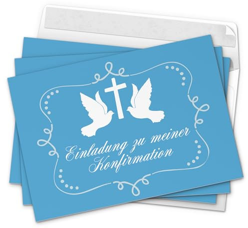 10 x Einladungskarten zur Konfirmation mit Umschlägen / 2 Tauben auf Blau/Konfirmationskarten/Einladungen zur Feier