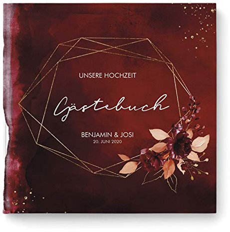 DeinWeddingshop Gästebuch Hochzeit - personalisiert - Hochzeitsgästebuch, Hardcover 21x21 cm (Inhalt mit weißen Seiten, Watercolor Breeze Weinrot)