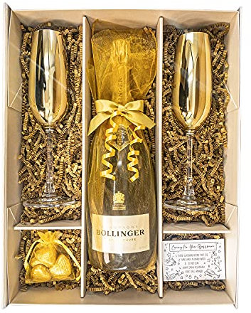 Bollinger Special Cuvee Champagne 75cl Gold Gift Set Hamper With 2 Matching Champagne Flutes, Chocolates And Gift Box - Thank You, Retirement Gift For Him or Her (Metallic Bowls)