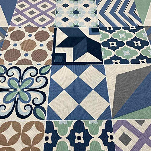 Kt KILOtela Bedruckter Leinenstoff Meterware - Breite 280 cm - Länge wählbar 50 in 50 cm, Tast-Fliesen - Blau