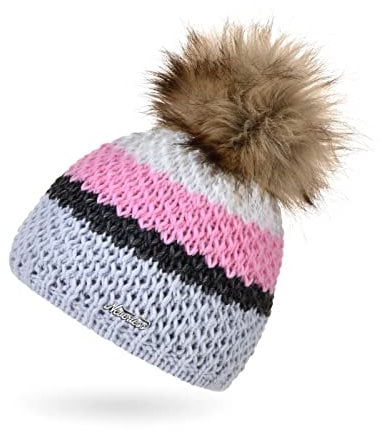 Neverless® Damen Strick-Mütze gefüttert Fleece-Innenfutter Fell-Bommel Kunstfell Winter-Mütze Bommelmütze Grobstrick Mehrfarbig grau-rosa Unisize