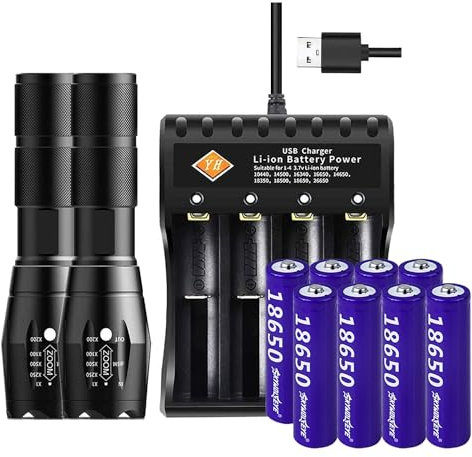 VISVIC Pocket Bright Torch, 4-Slot USB Battery Charger with 8 Rechargeable 18650 Batteries, 5 Modes, Zoomable 18650 Torch, Battery Charger Set Ideal As a Gift, fit for Cycling Hiking Camping