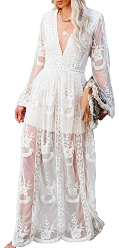 amropi Mujer Encaje Vestido de Fiesta Largo Vestidos Cuello en V Manga Corta Verano Ropa Blanco-0,XXL
