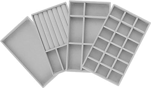 4 Stück Schmuckaufbewahrung schublade, Schmuck Tabletts Organizer schmucktablett stapelbar schmuck organizer schublade mit 4 Putztuch Stapelbar Schmuckkästchen schmuck organizers 4 Style (Grau)