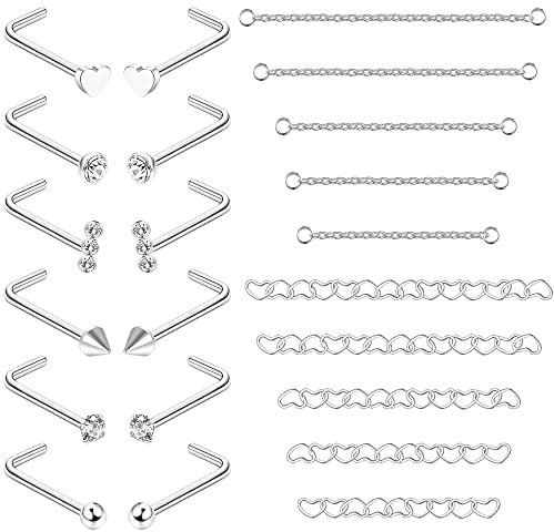 Adramata 12 Stück Nasenstecker 10 Stück Nasenkette Piercing Chirurgenstahl Nasenring mit Nasenkette für Doppel Nasenpiercing 20G Nasenstecker Silber Nasenpiercings für Damen Herren