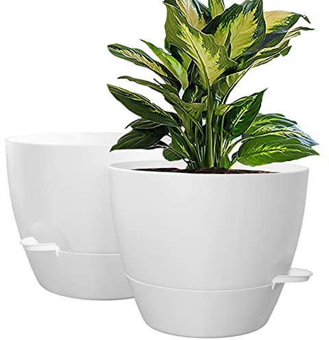 WOUSIWER Lot de 2 Grands Pots de Fleurs en Plastique avec réservoir Profond et Trous de Drainage élevés pour Plantes et Fleurs d'intérieur et d'extérieur - 25,4 cm - Blanc