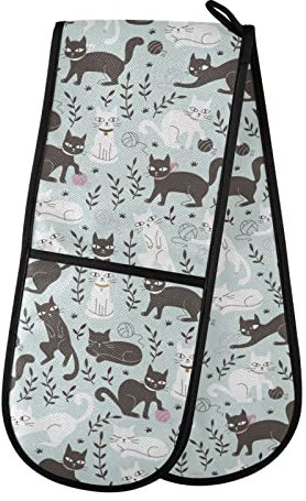 Double Oven Gloves White Black Cat Heat Resistant Pot Holder Oven Mitt Gloves for BBQ Cooking Baking Grilling Microwave