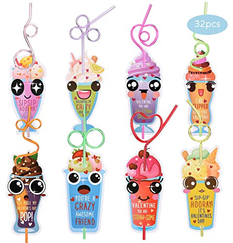 Mokylor Valentines Day Gifts for Kids, 32 Pcs Valentine Cards and Drinking Straws, Reusable Crazy Straws Kit for Girls Boys Gifts Prizes