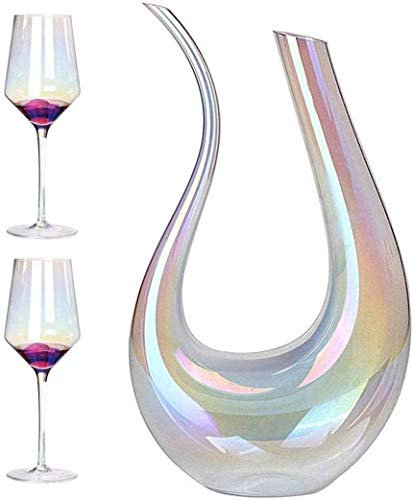 Set di decanter per whisky per uomo Decanter per vino inciso, a forma di U con due calici di cristallo Maniglie per decanter in cristallo colorato Manopole Vino Decanter per succo di champagne Vetro