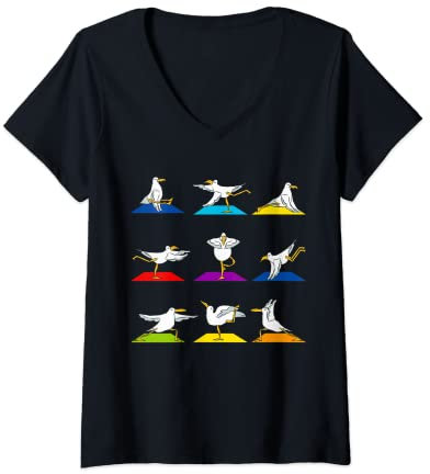 Damen Lustige Möwe Yoga Sport Outfit Zen Fitness T-Shirt mit V-Ausschnitt