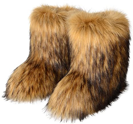 Eosxrp Furry Faux Fur Boots Women's Winter Shoes Woman Fluffy Warm Snow Boots Mid-Calf Comfortable Outdoor Flat (Brown, Adult, Women, 12, Numeric, US Footwear Size System, Medium)