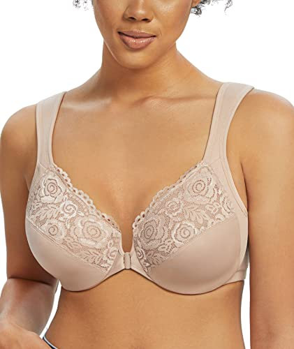 Lemorosy Wide Strap Front Closure Bra Lace Full Figure Underwire(Beige Wide Strap,44D)