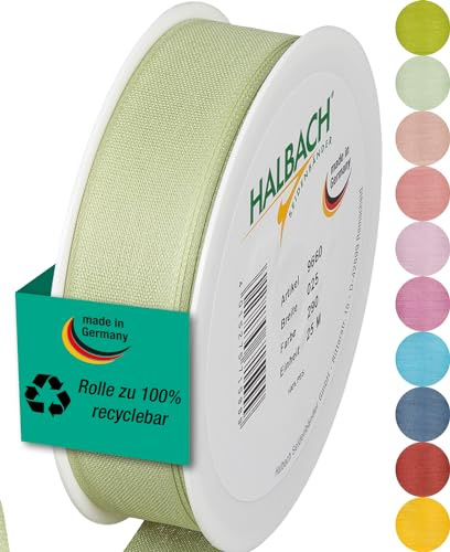 Halbach mattes Taftband, 25 mm x 25 m, blassgrün | Geschenkband in Baumwolloptik, Made in Germany, Ökt-Tex 100 zertifiziert und waschbar bei 30 Grad