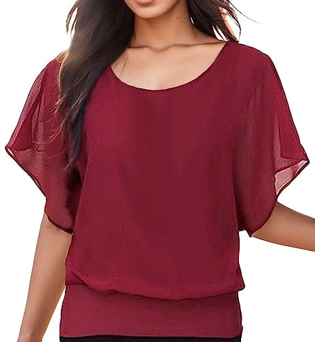 Damenblusen Sommer, Made in Italy Tunika Festlich Große Größen Elegant Shirt Fledermaus Kurzarm Bluse Festliche mit Gummizug Am Saum Oberteil Oversized Schwarze Locker Luse Tshirt