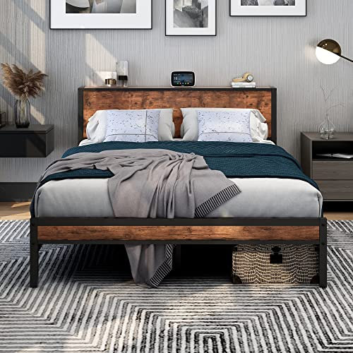 DUMEE Einzelbett mit Kopfteil aus Holz, Metall Einzelbett Bettrahmen Bettgestell, Geräuschfrei, Verbesserte Starke Unterstützung,(Wood Bed Frame 120x200, Schwarz+Braun Eiche)